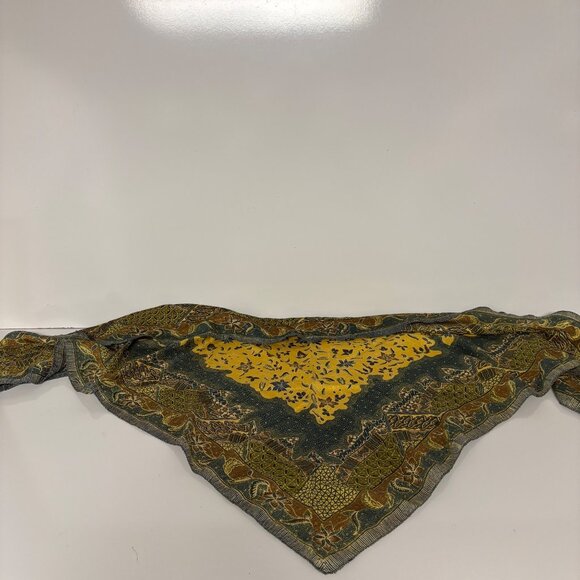 Triangle Scarf Green Yellow Batik-Inspired Print Lightweight Silky Vintage - Picture 3 of 7